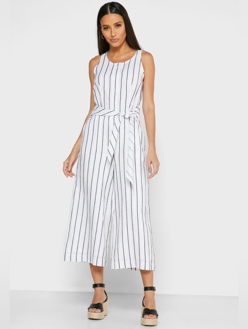 Banana Republic Linen Blend Striped Sleeveless Tie Waist Jumpsuit Romper